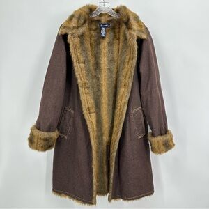 Denim & Co. Western Denim Faux Fur Lined Coat Brown Size M